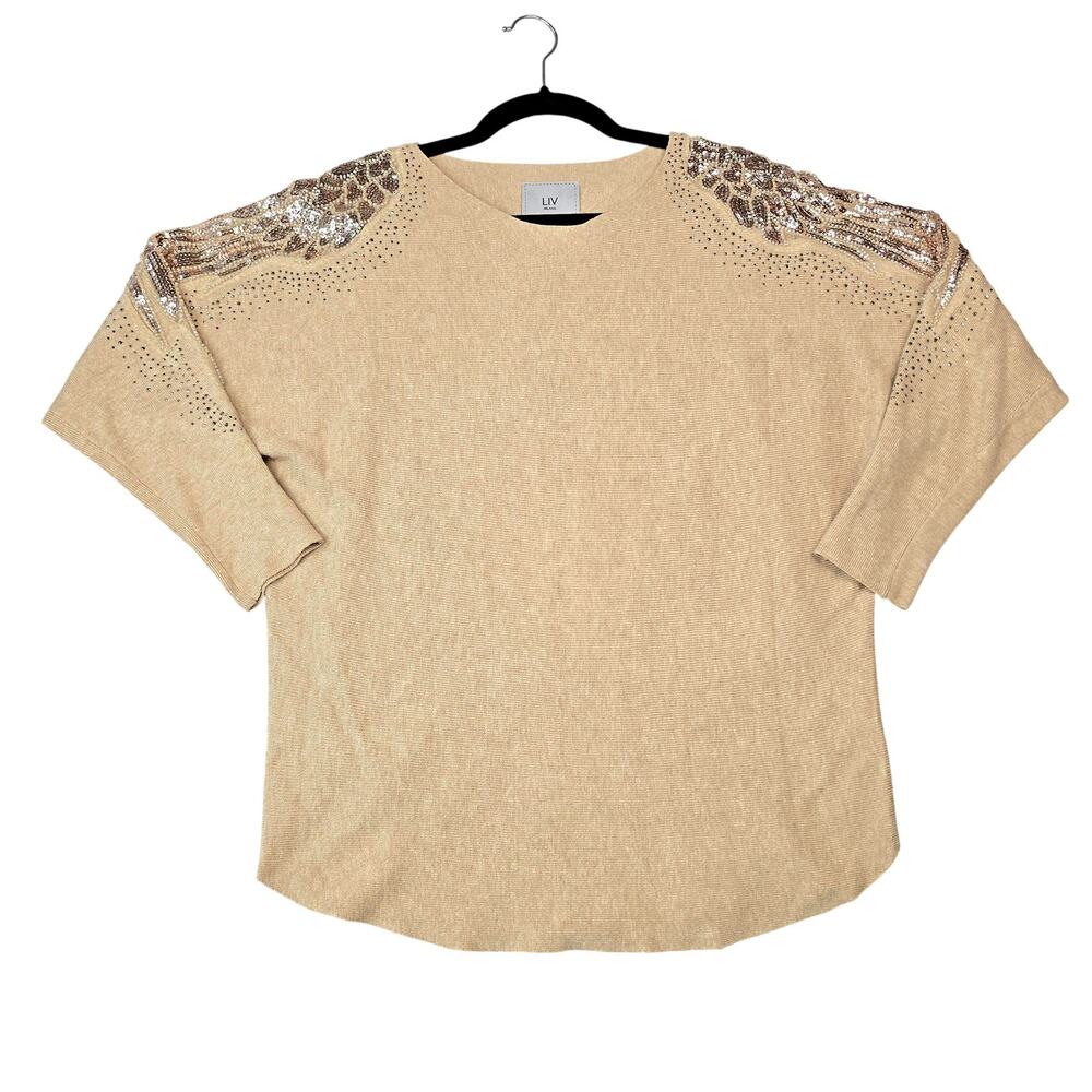 LIV Milano Sweater Womens One Size Beige Sequin Shoulder Dolman Knit Party